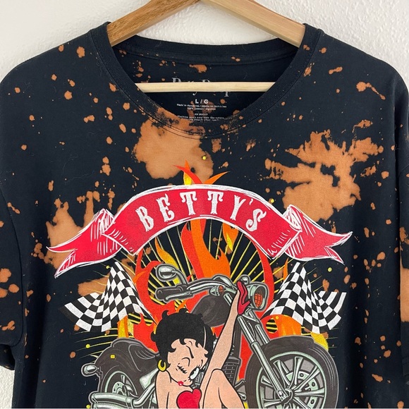 BETTY BOOP Black Bleached Born To Rule Biker Pin Up Short Sleeve Graphic Tee - Picture 2 of 7